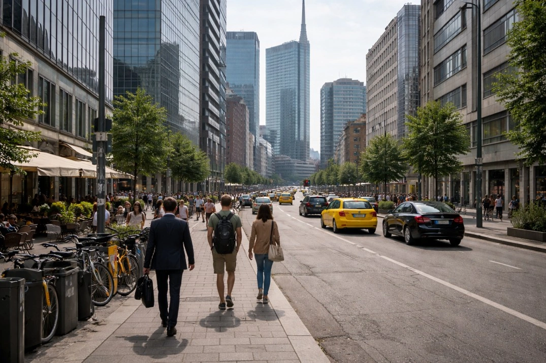 Porta Nuova in Milan, Italy – modern business district street with towers and weekday movement