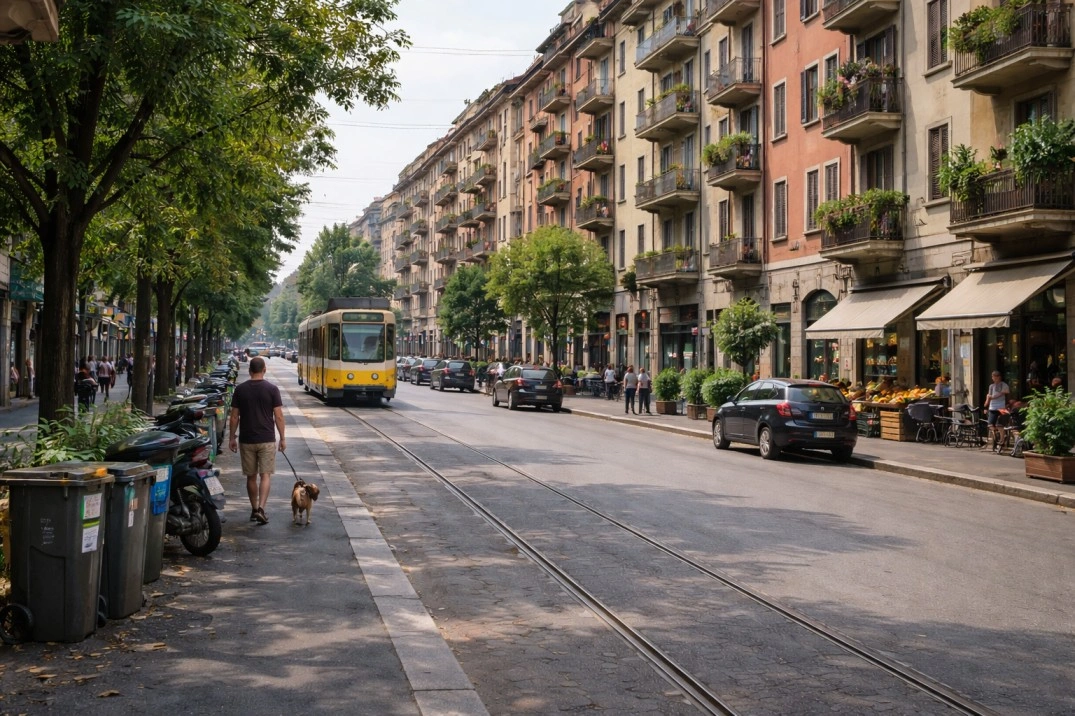 Porta Romana in Milan, Italy – central residential street with apartments and weekday activity