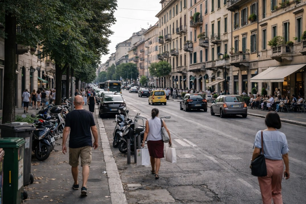Porta Venezia in Milan, Italy – elegant semi-central street with traffic and pedestrians