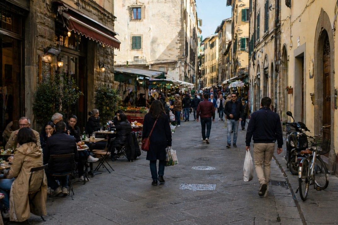 Santa Croce in Florence, Italy – market-area street with cafés and local pedestrians