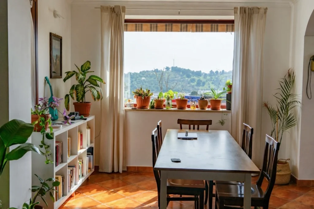 Together Vieste coliving shared dining and workspace with table, plants and natural window light