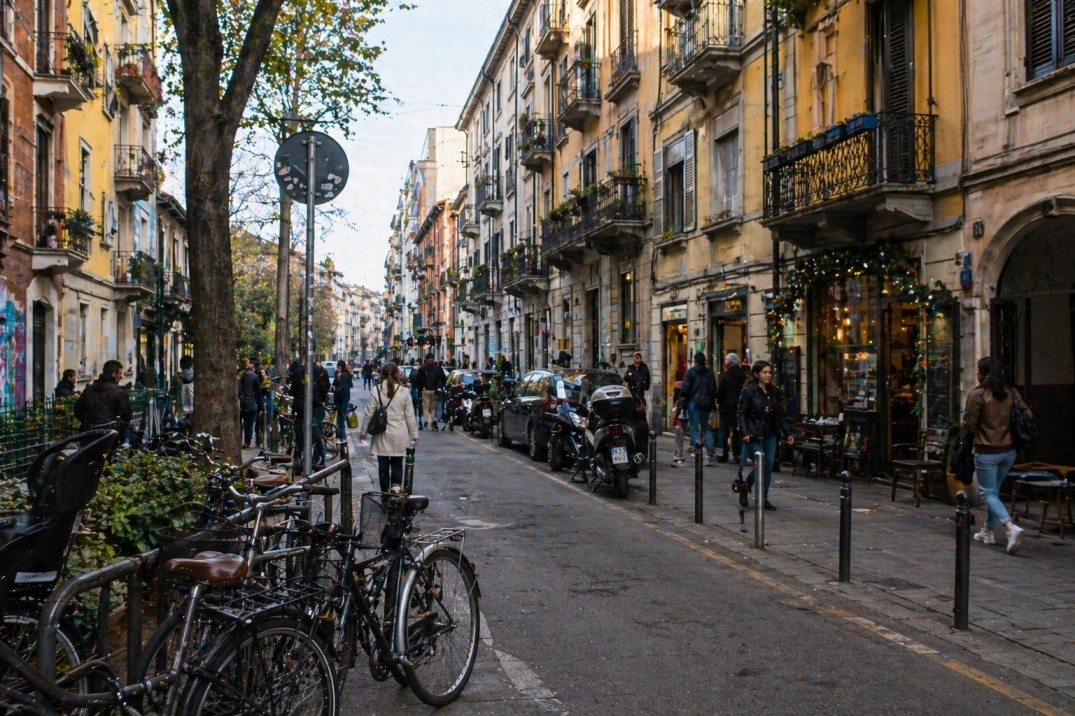 Vanchiglia Torino in Torino, Italy – local street with cafés, bikes and pedestrians