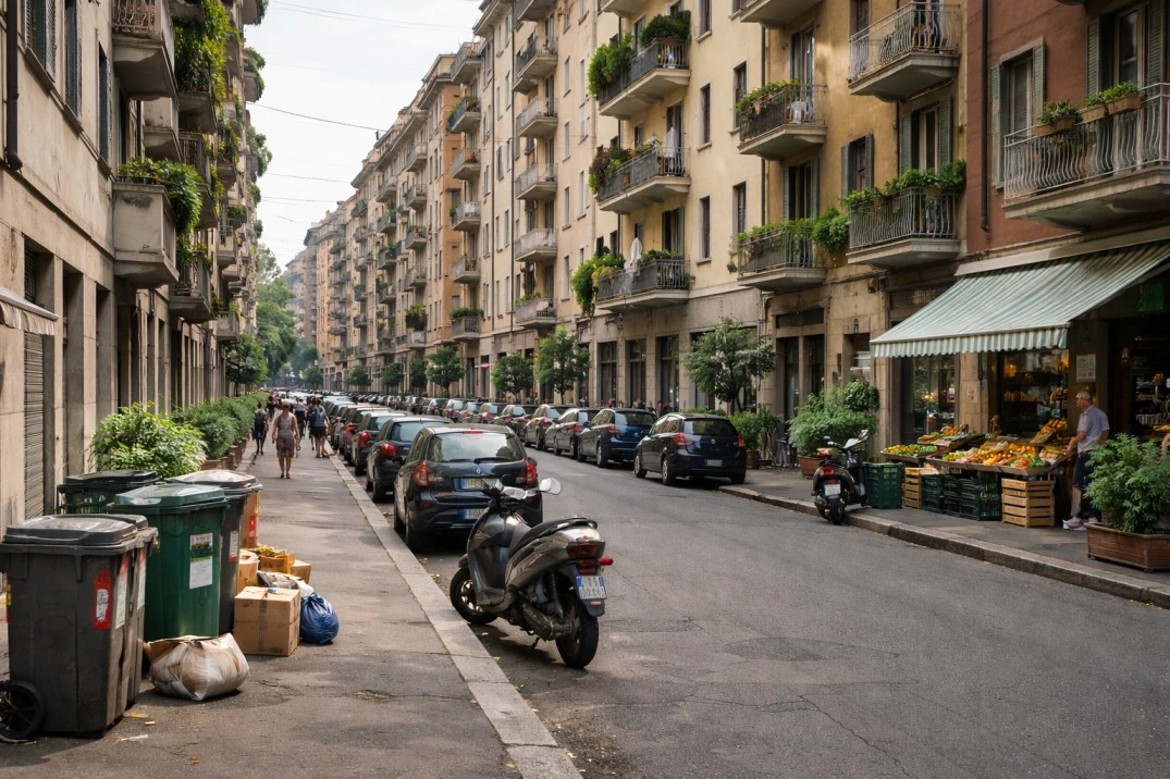 Where to live in Milan, Italy – residential street with apartment buildings and daily activity