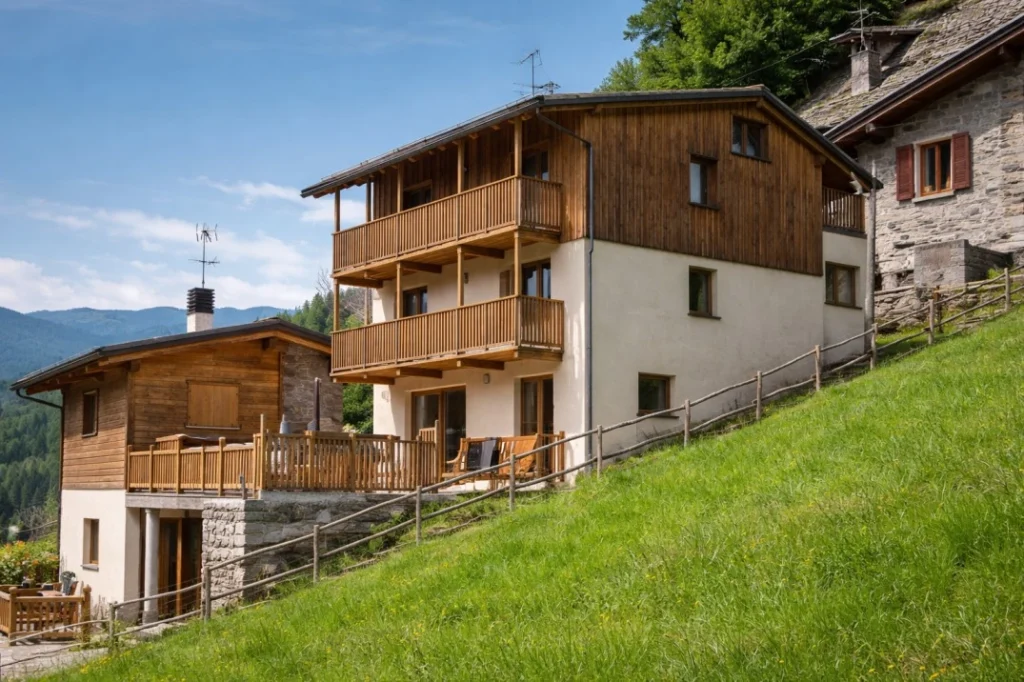 Wome coliving in Italy – alpine house with wooden balconies and mountain setting