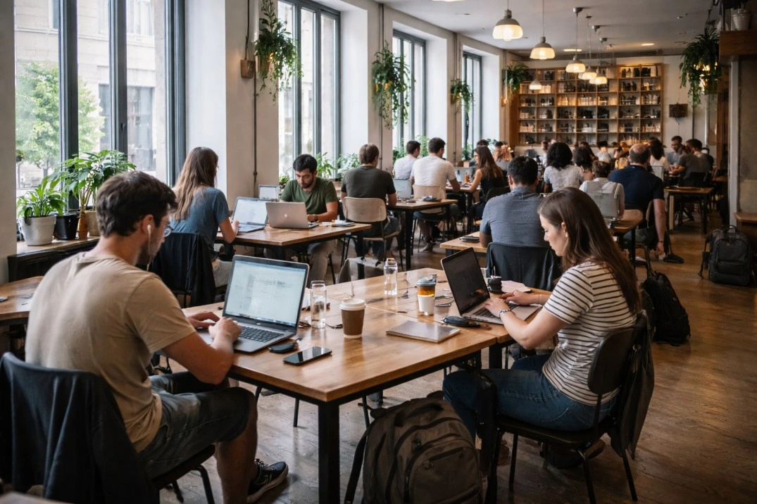 Working from Milan, Italy – active coworking or café workspace with laptops and natural light