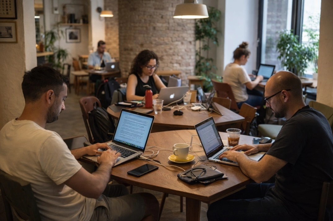 Working from Rome, Italy – real coworking or café setup with people on laptops