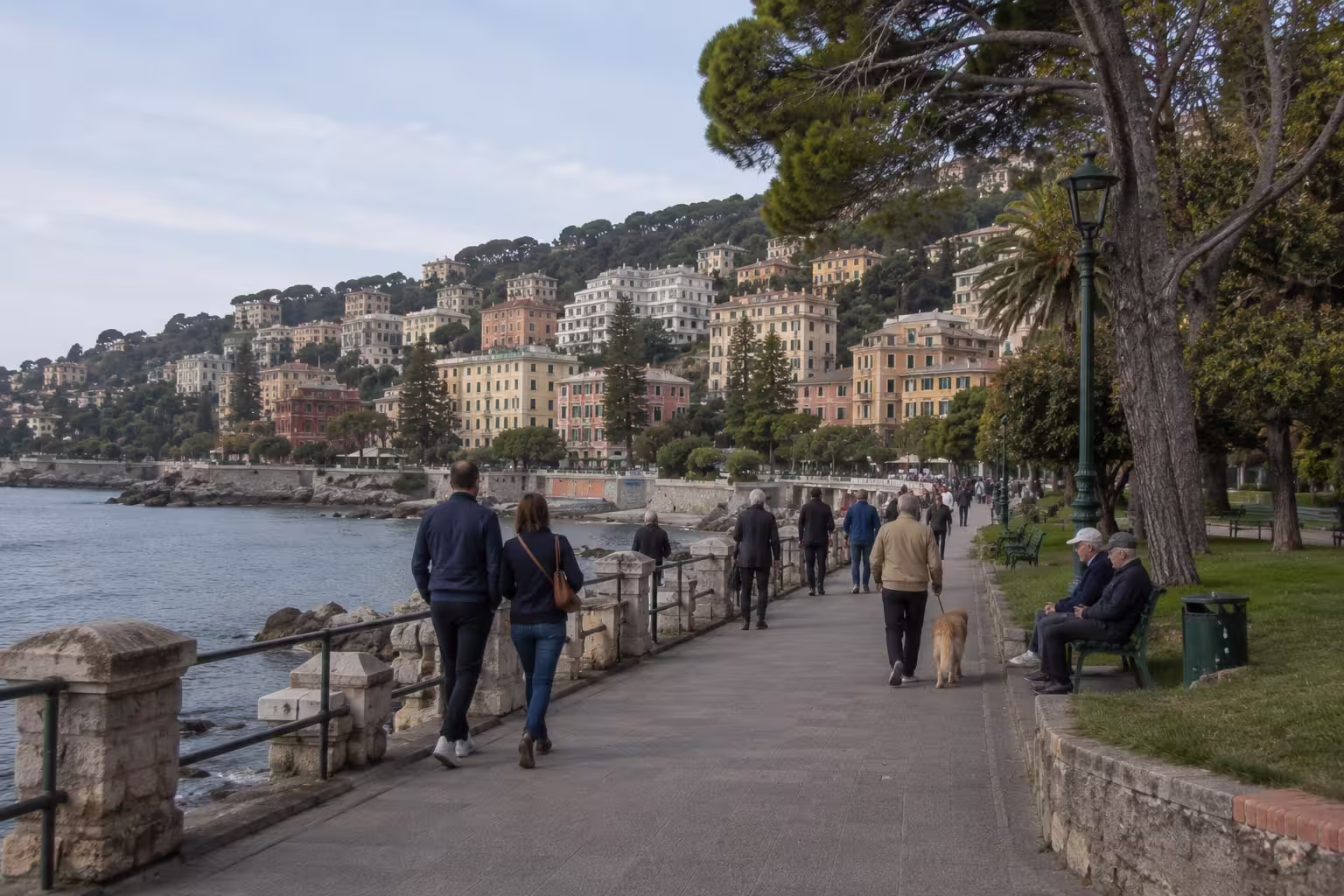Nervi Genova, Italy – coastal promenade with walkers and residential buildings